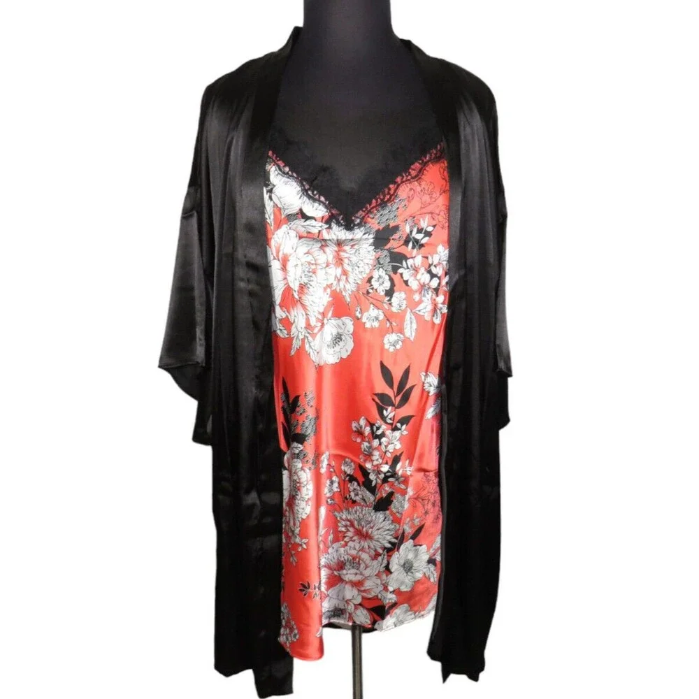 Secret Treasures Floral Satin Chemise & Black Kimono Style Robe, Plus Size 3X - Picture 11 of 11